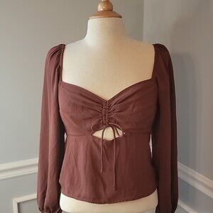 ABERCROMBIE & FITCH Brown Ruched Tie Bust Smocked Boho Peasant Cottage Top M